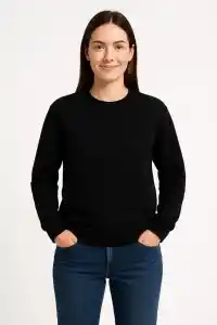 Kadın 3 İplik Pamuklu Düz Bisiklet Yaka SweatShirt - Siyah
