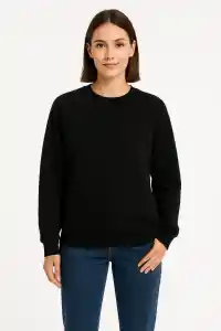 Kadın 3 İplik Pamuklu Düz Bisiklet Yaka SweatShirt - Siyah