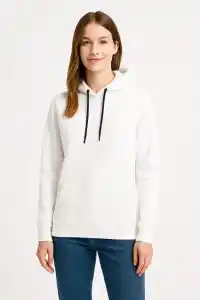 Kadın Kapüşonlu Kanguru Cepli 3 İplik Pamuklu Oversize Hoodie Sweatshirt - Beyaz