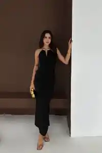 Kadın Uzun Abiye Elbise Yırtmaçlı Sırt Dekolteli Şık Gece Elbisesi - Siyah