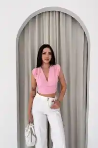 Kadın Vatkalı Kolsuz V Yaka Drapeli Crop Bluz Likralı Fit - Pembe