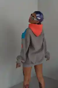 Kadın W Nakış İşlemeli Kapüşonlu 3 iplik pamuklu Parçalı Sweatshirt Hoodie - Mavi