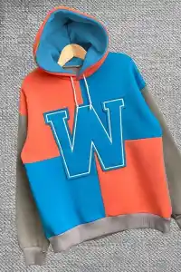 Kadın W Nakış İşlemeli Kapüşonlu 3 iplik pamuklu Parçalı Sweatshirt Hoodie - Mavi