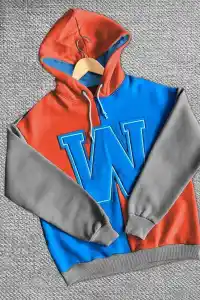 Kadın W Nakış İşlemeli Kapüşonlu 3 iplik pamuklu Parçalı Sweatshirt Hoodie - Mavi