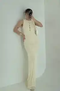 Kadın Kalın Fitilli Uzun Triko Elbise - Kırık Beyaz