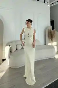 Kadın Kalın Fitilli Uzun Triko Elbise - Kırık Beyaz