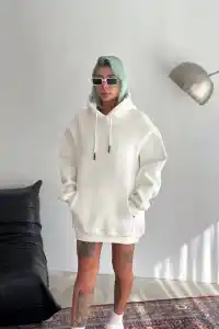 Kadın Kapüşonlu Kanguru Cepli 3 İplik Pamuklu Oversize Hoodie Sweatshirt - Beyaz