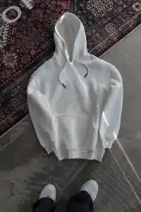 Kadın Kapüşonlu Kanguru Cepli 3 İplik Pamuklu Oversize Hoodie Sweatshirt - Beyaz