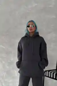 Kadın Kapüşonlu Kanguru Cepli 3 İplik Pamuklu Oversize Hoodie Sweatshirt - Füme
