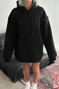 Kadın Kapüşonlu Kanguru Cepli 3 İplik Pamuklu Oversize Hoodie Sweatshirt - Siyah
