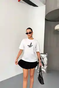 KADIN Baskılı T-Shirt Kısa Kol Bisiklet Yaka Regular Fit Yazlık Tişört - Beyaz