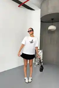 KADIN Baskılı T-Shirt Kısa Kol Bisiklet Yaka Regular Fit Yazlık Tişört - Beyaz