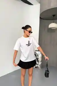 KADIN Baskılı T-Shirt Kısa Kol Bisiklet Yaka Regular Fit Yazlık Tişört - Beyaz