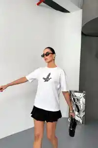 KADIN Baskılı T-Shirt Kısa Kol Bisiklet Yaka Regular Fit Yazlık Tişört - Beyaz