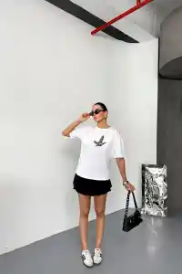 KADIN Baskılı T-Shirt Kısa Kol Bisiklet Yaka Regular Fit Yazlık Tişört - Beyaz