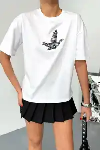 KADIN Baskılı T-Shirt Kısa Kol Bisiklet Yaka Regular Fit Yazlık Tişört - Beyaz
