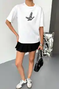 KADIN Baskılı T-Shirt Kısa Kol Bisiklet Yaka Regular Fit Yazlık Tişört - Beyaz