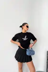Kadın Kısa Kol Yazlık Tişört Bisiklet Yaka Baskılı Oversize T-Shirt - Siyah