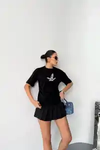 Kadın Kısa Kol Yazlık Tişört Bisiklet Yaka Baskılı Oversize T-Shirt - Siyah