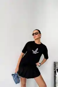 Kadın Kısa Kol Yazlık Tişört Bisiklet Yaka Baskılı Oversize T-Shirt - Siyah