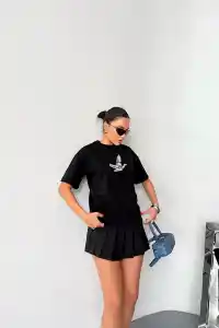 Kadın Kısa Kol Yazlık Tişört Bisiklet Yaka Baskılı Oversize T-Shirt - Siyah