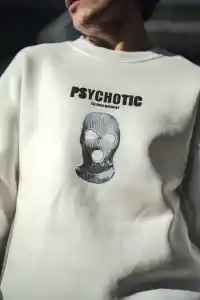 Erkek 3 iplik pamuklu Kışlık Bisiklet Yaka Baskılı SweatShirt - Beyaz