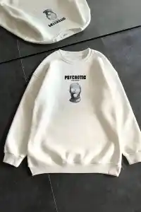 Kadın 3 iplik Kışlık Bisiklet Yaka Baskılı SweatShirt - Beyaz