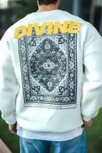 Erkek 3 iplik pamuklu Kışlık Bisiklet Yaka Baskılı SweatShirt - Beyaz