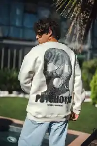 Erkek 3 iplik pamuklu Kışlık Bisiklet Yaka Baskılı SweatShirt - Beyaz