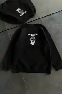 Kadın 3 iplik Kışlık Bisiklet Yaka Baskılı SweatShirt - Siyah
