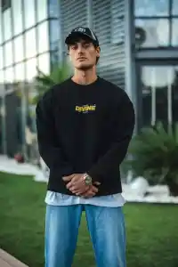 Erkek 3 iplik pamuklu Kışlık Bisiklet Yaka Baskılı SweatShirt - Siyah
