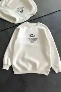 Kadın 3 iplik Pamuklu Bisiklet Yaka Baskılı SweatShirt - Beyaz