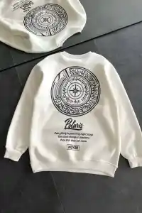Kadın 3 iplik Pamuklu Bisiklet Yaka Baskılı SweatShirt - Beyaz