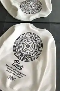 Kadın 3 iplik Pamuklu Bisiklet Yaka Baskılı SweatShirt - Beyaz