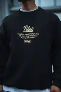 Erkek 3 iplik pamuklu Bisiklet Yaka Ön Ve Arka Baskılı SweatShirt - Siyah