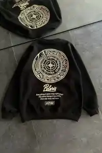 Kadın 3 iplik Pamuklu Bisiklet Yaka Baskılı SweatShirt - Siyah