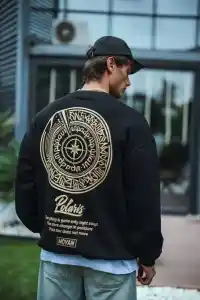 Erkek 3 iplik pamuklu Bisiklet Yaka Ön Ve Arka Baskılı SweatShirt - Siyah
