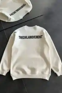 Erkek 3 iplik pamuklu Kışlık Bisiklet Yaka Oversize Baskılı SweatShirt - Beyaz