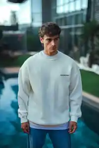 Erkek 3 iplik pamuklu Bisiklet Yaka Baskılı SweatShirt - Beyaz