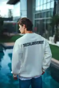Erkek 3 iplik pamuklu Bisiklet Yaka Baskılı SweatShirt - Beyaz