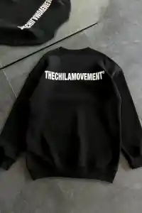 Kadın 3 iplik Kışlık pamuklu Bisiklet Yaka Oversize Baskılı SweatShirt - Siyah