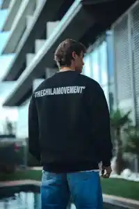 Erkek 3 iplik Pamuklu Bisiklet Yaka Oversize Baskılı SweatShirt - Siyah
