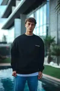 Erkek 3 iplik Pamuklu Bisiklet Yaka Oversize Baskılı SweatShirt - Siyah