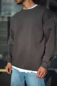 Erkek Bisiklet Yaka 3 iplik Pamuklu Basic SweatShirt  - Antrasit