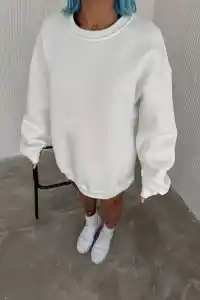 Kadın Bisiklet Yaka 3 İplik Pamuklu Basic SweatShirt - Beyaz