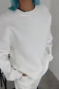 Kadın Bisiklet Yaka 3 İplik Pamuklu Basic SweatShirt - Beyaz