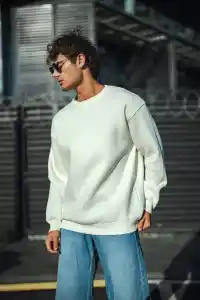 Erkek  Bisiklet Yaka 3 İplik Pamuklu Basic SweatShirt - Beyaz