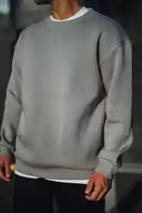 Erkek Bisiklet Yaka 3 İplik pamuklu Basic SweatShirt - Boyalı Gri