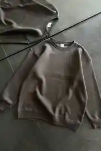 Kadın Bisiklet Yaka 3 İplik Pamuklu Basic SweatShirt - Füme