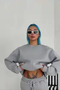 Kadın Bisiklet Yaka 3 İplik Pamuklu Basic SweatShirt - Gri